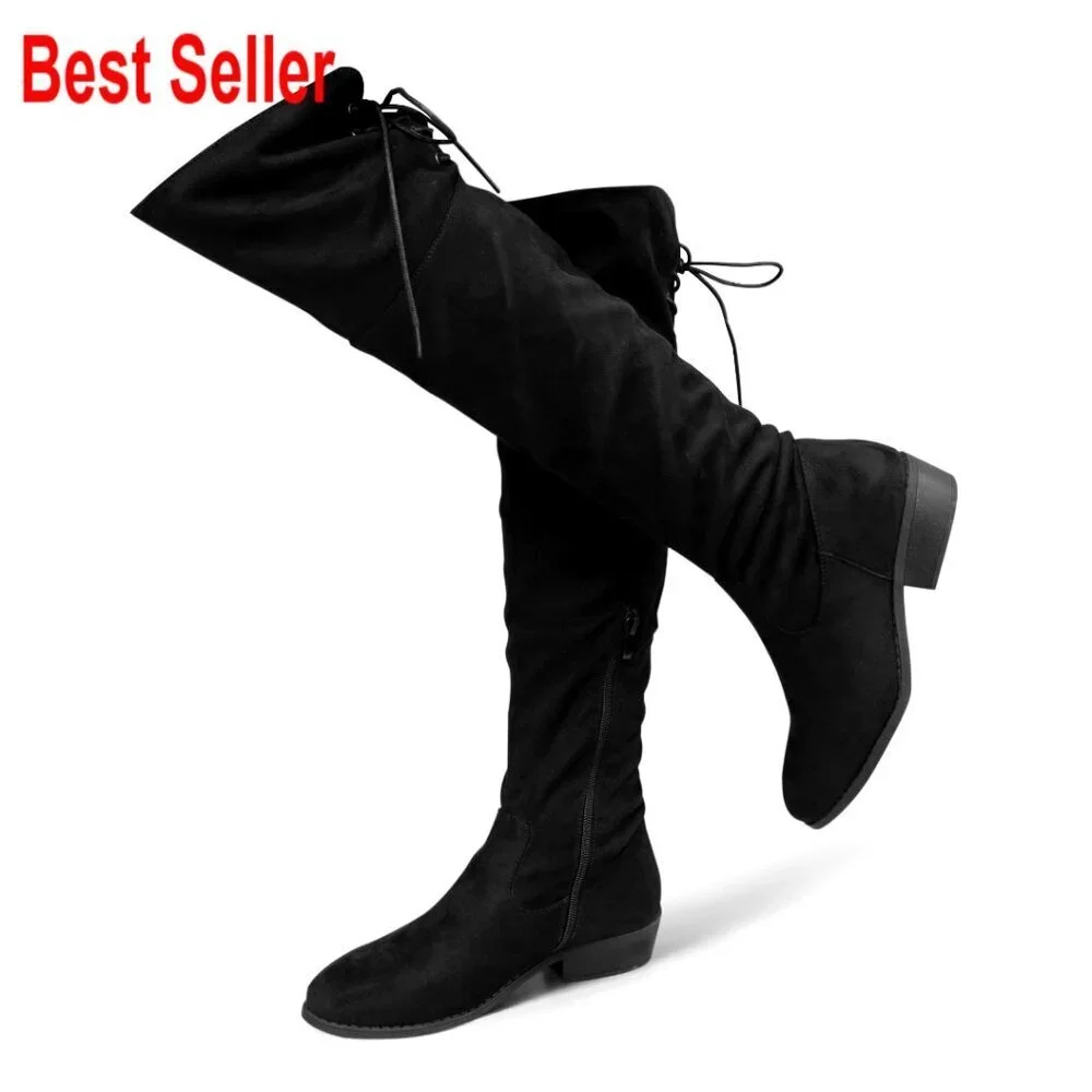 Faux Suede Over-the-Knee Boots with Low Heel and Zipper